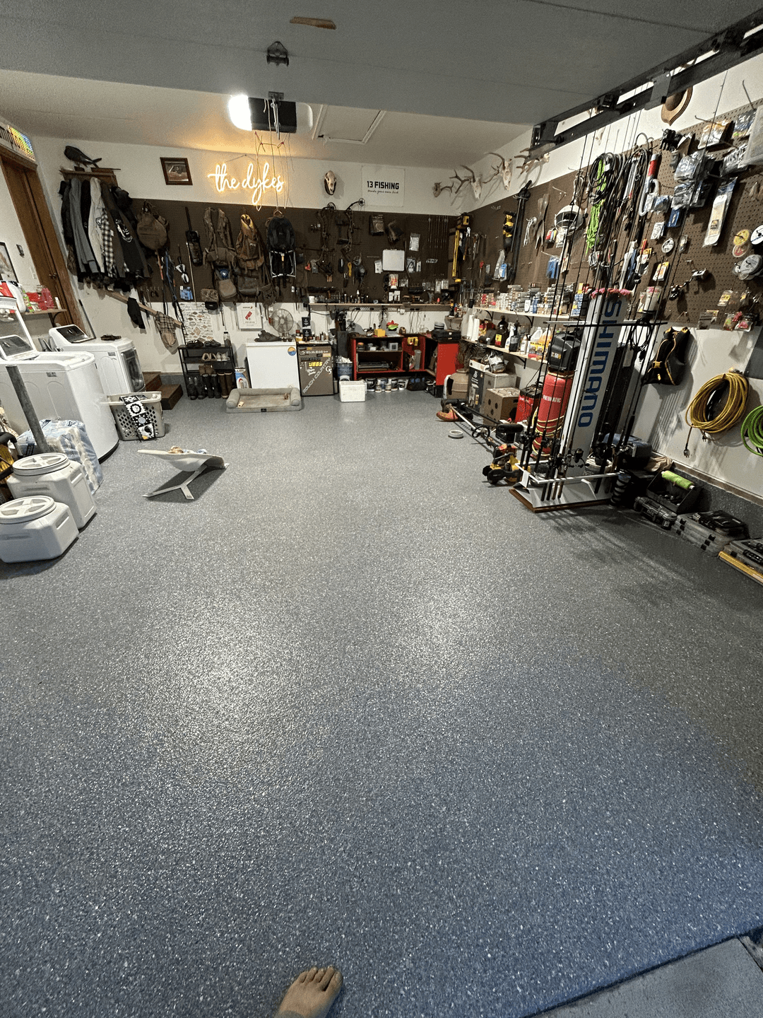 a garage with an epoxy floor